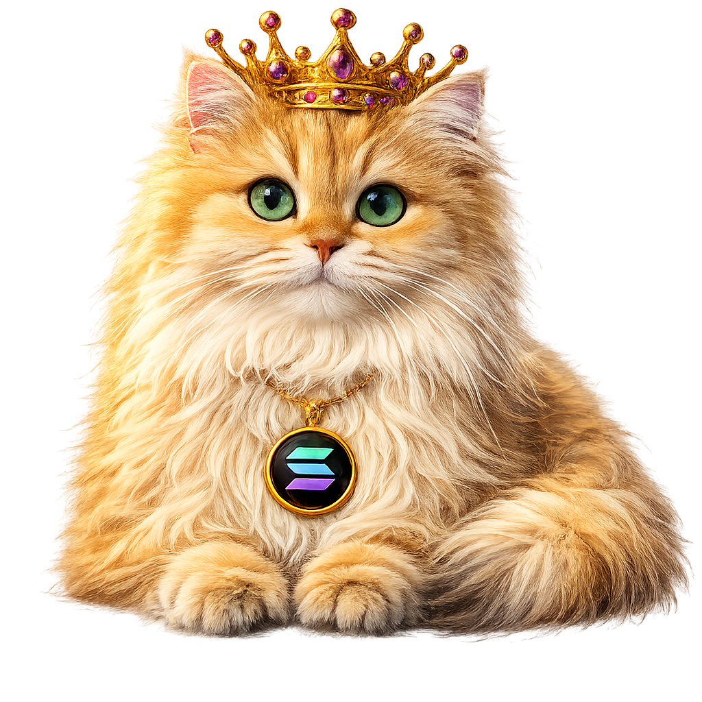Smoothie the Cat — a golden British Longhair wearing a jeweled crown and Solana medallion